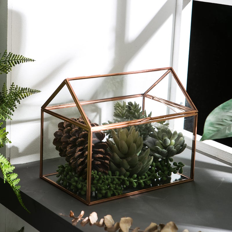 Levilan House Shape Close Glass Geometric Terrariumn Tabletop Succulent Plant Garden Geo Planter Moss Fern Swing Lid Reptile, Flower Pot for Plants Succulent, Air Plant (Rose Gold) - Image 2